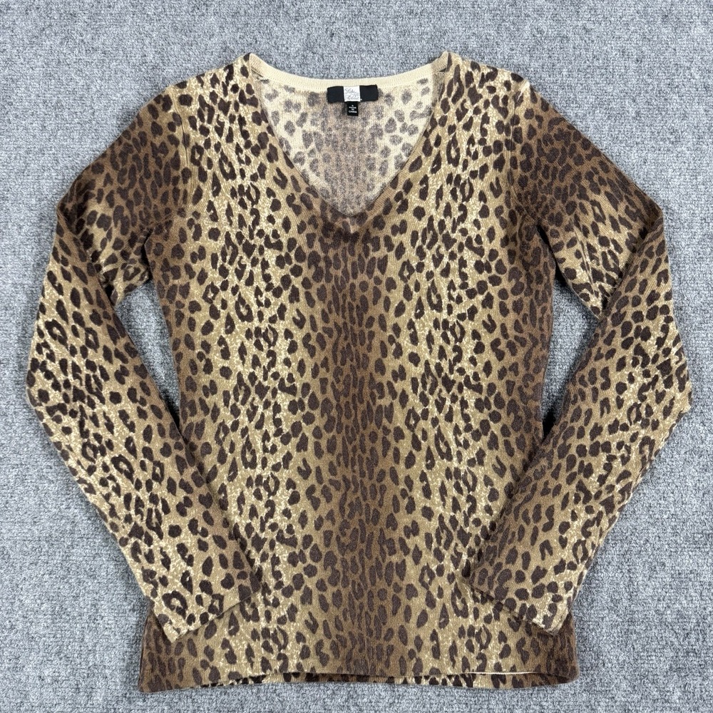 Saks Fifth Avenue Cashmere Sweater Womens Small Leopard Print Luxury V Neck